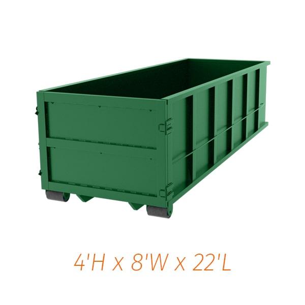 the 20-yard dumpsters have the capacity to hold up to 20 cubic yards of material with a weight limit of 3 to 4 tons